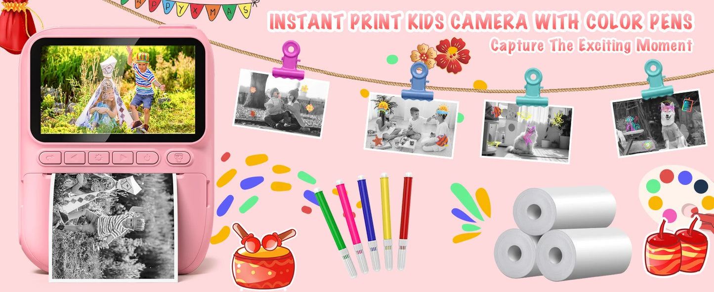 Cámara de impresión instantánea para niños, cámara para niños de 3,0 pulgadas durante 6-12 años, cámara digital HD 1080P de 32MP con 3 rollos de papel de impresora