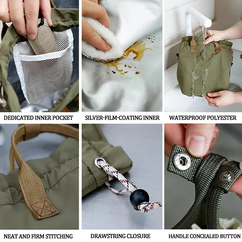 Bolsa de almuerzo impermeable de gran capacidad con cierre de cordón, bolsa Bento enfriadora de aislamiento grueso para trabajo de Picnic, bolsa con asa para estudiantes