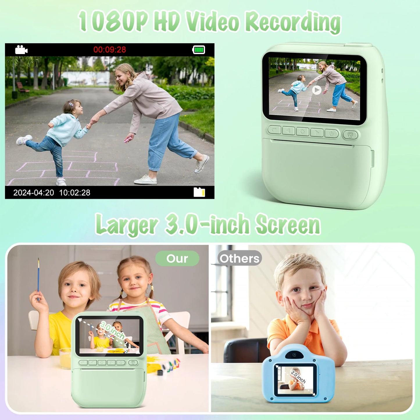 Gofunly-cámara de impresión instantánea para niños, Mini cámara Digital de 3,0 ", grabadora de vídeo portátil de 1080P, regalo para niños de 6 a 12 años
