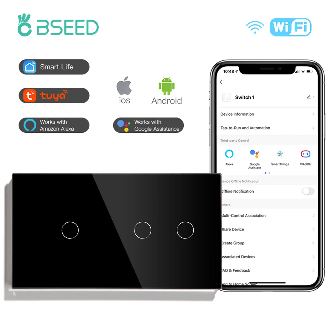 BSEED Wifi 1/2/3 interruptores de luz Sensor táctil interruptor de vidrio Tuya Smart Life Alexa Control más enchufes de la UE necesita cable neutro