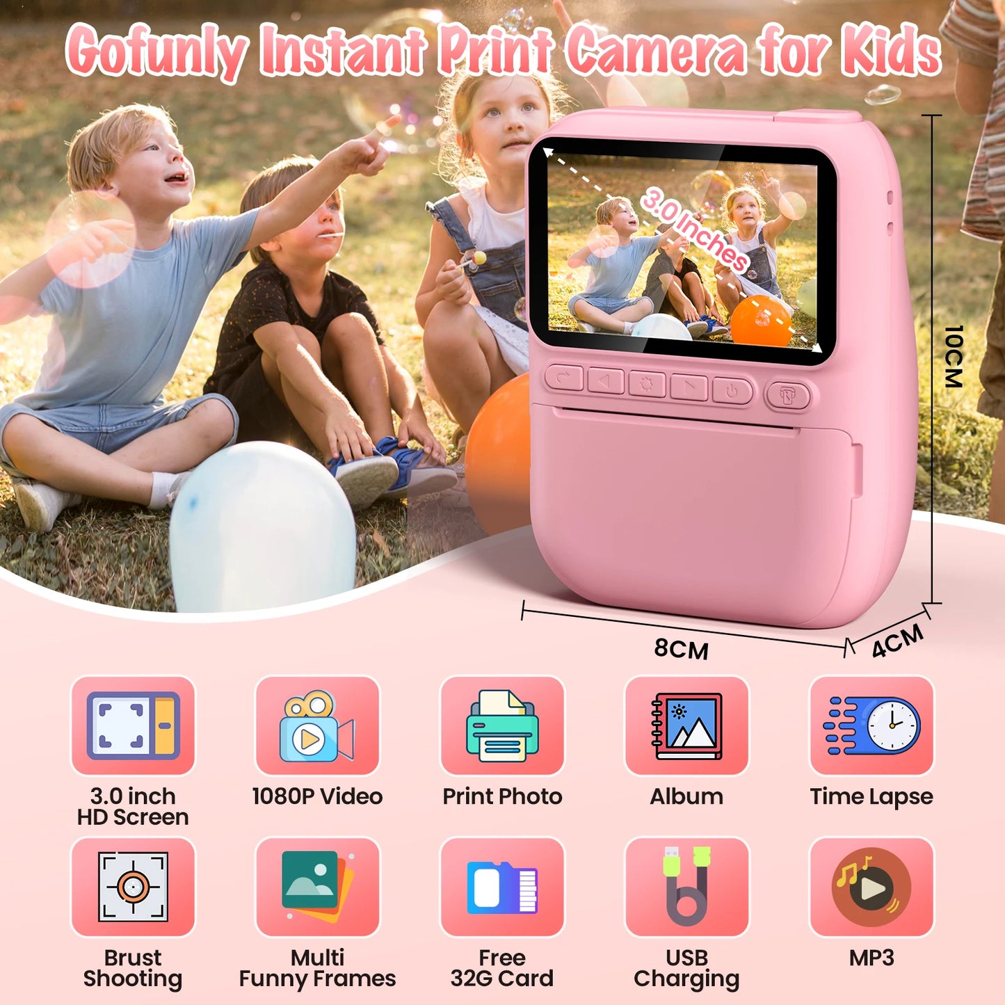 Cámara de impresión instantánea para niños, cámara para niños de 3,0 pulgadas durante 6-12 años, cámara digital HD 1080P de 32MP con 3 rollos de papel de impresora