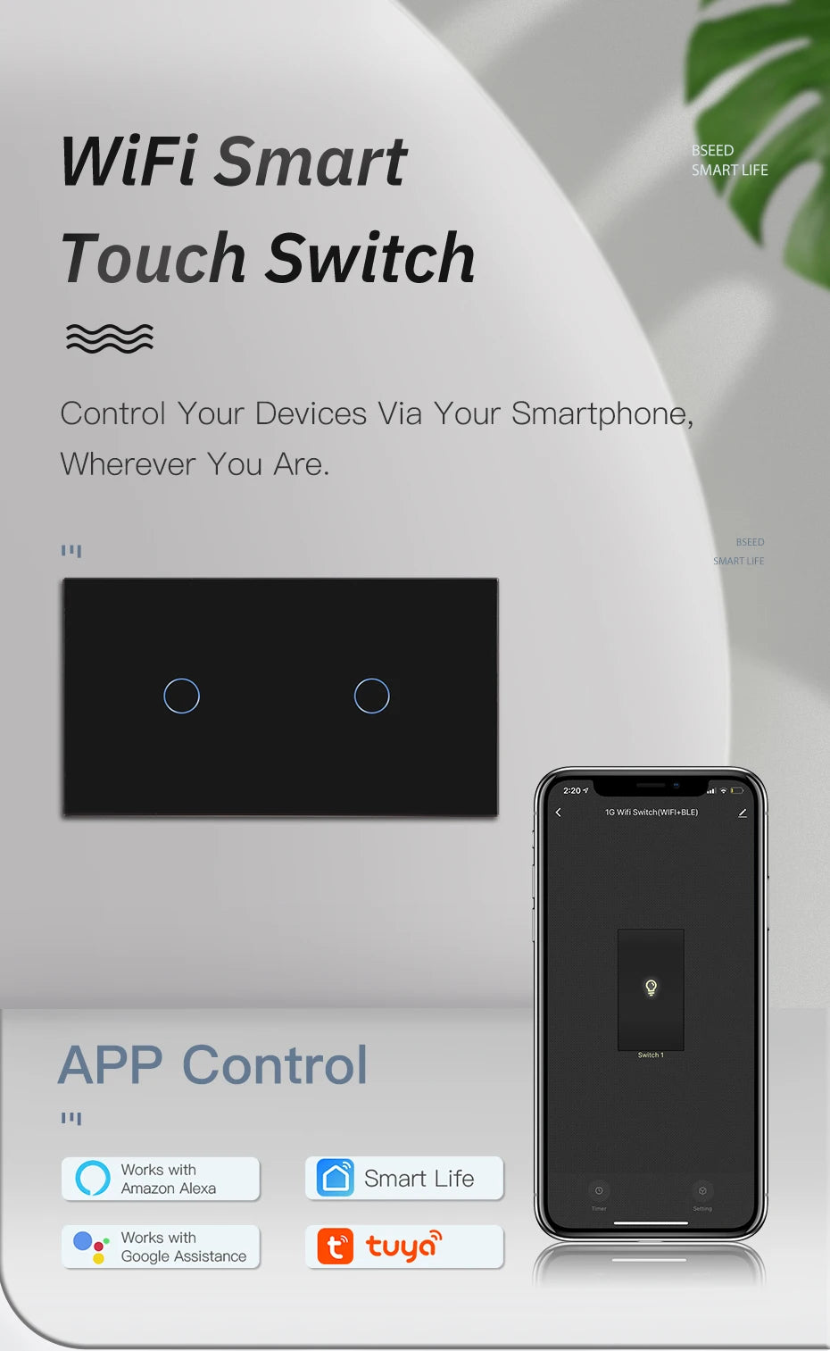 BSEED Wifi 1/2/3 interruptores de luz Sensor táctil interruptor de vidrio Tuya Smart Life Alexa Control más enchufes de la UE necesita cable neutro