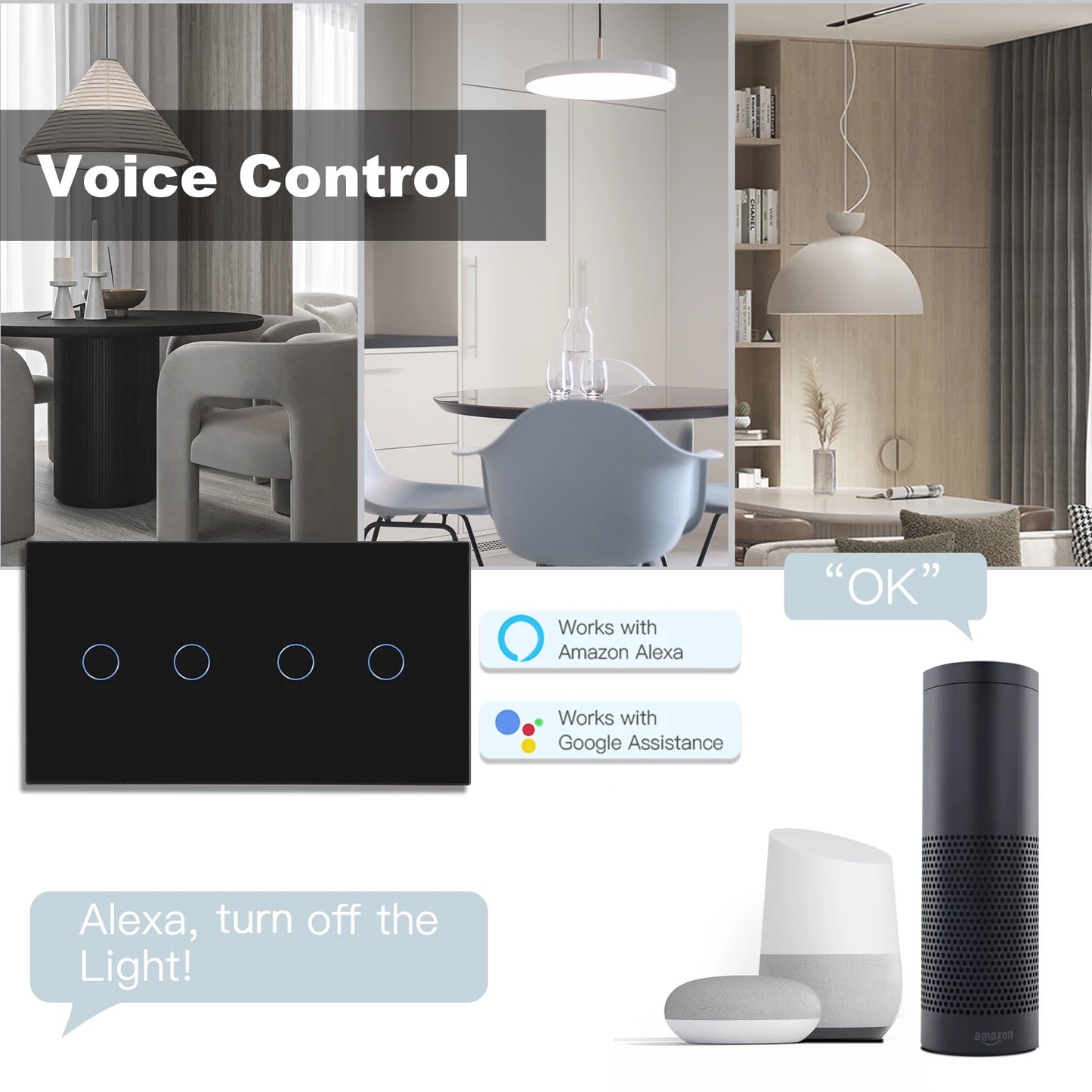 BSEED Wifi 1/2/3 interruptores de luz Sensor táctil interruptor de vidrio Tuya Smart Life Alexa Control más enchufes de la UE necesita cable neutro