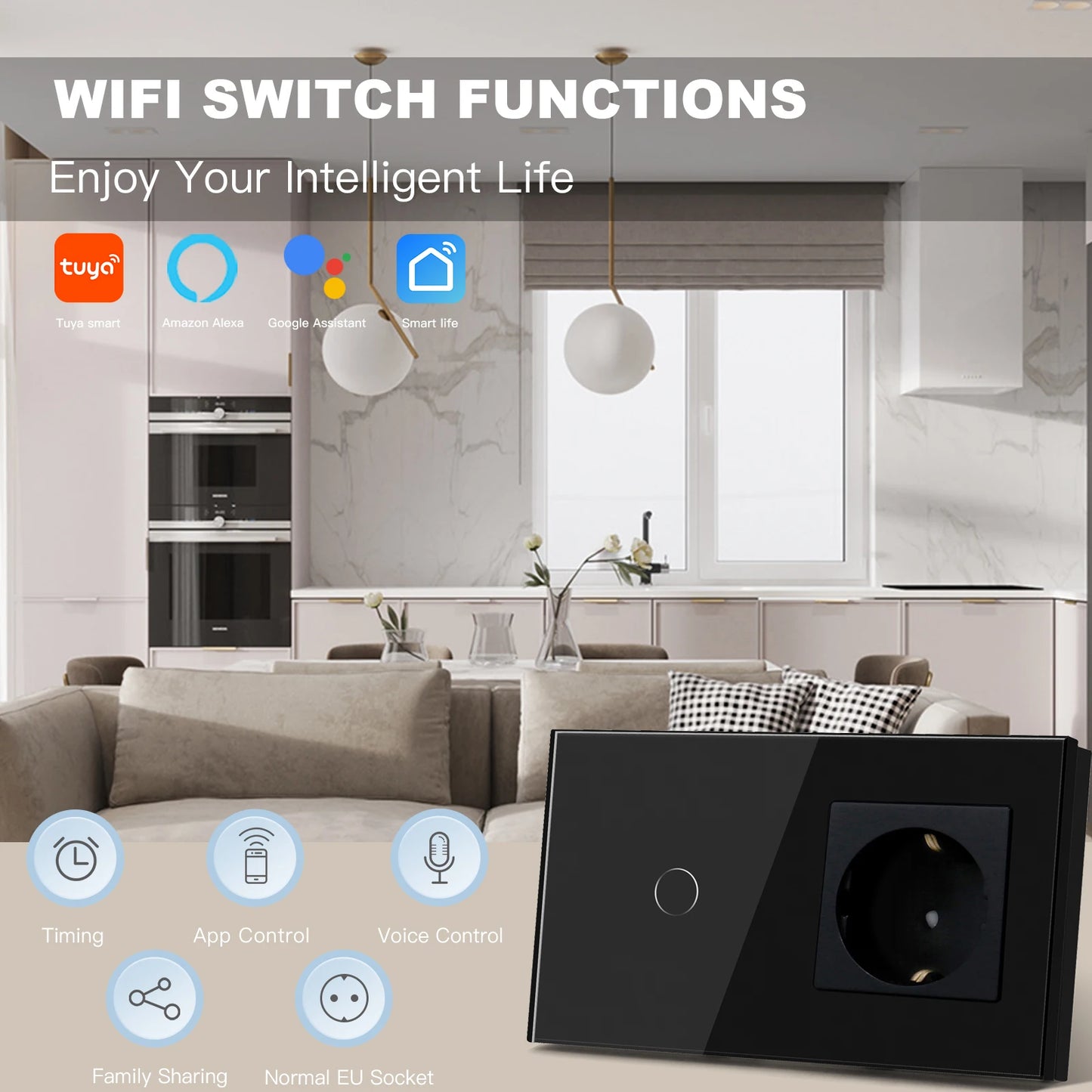 BSEED Wifi 1/2/3 interruptores de luz Sensor táctil interruptor de vidrio Tuya Smart Life Alexa Control más enchufes de la UE necesita cable neutro