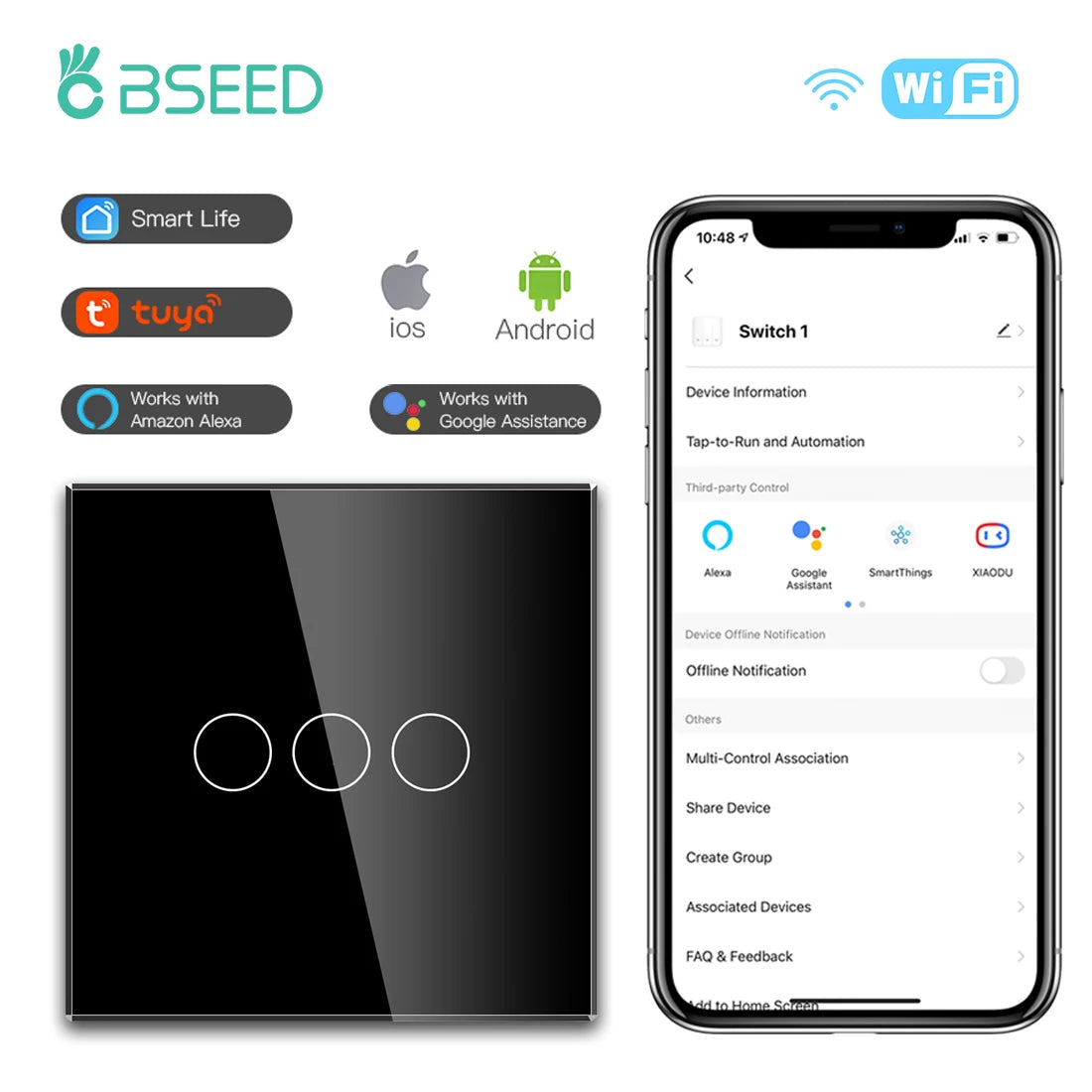BSEED Wifi 1/2/3 interruptores de luz Sensor táctil interruptor de vidrio Tuya Smart Life Alexa Control más enchufes de la UE necesita cable neutro