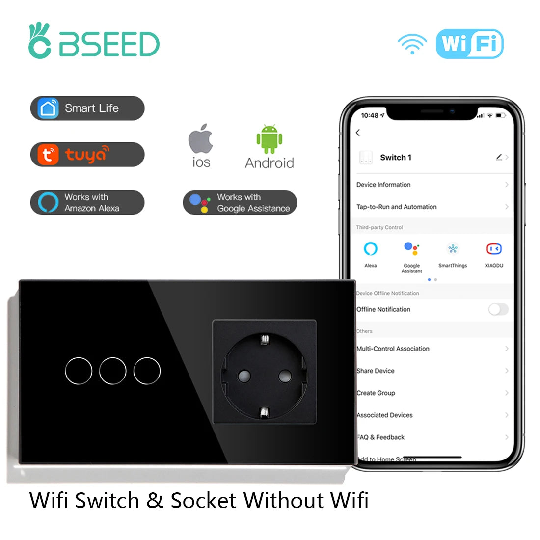 BSEED Wifi 1/2/3 interruptores de luz Sensor táctil interruptor de vidrio Tuya Smart Life Alexa Control más enchufes de la UE necesita cable neutro