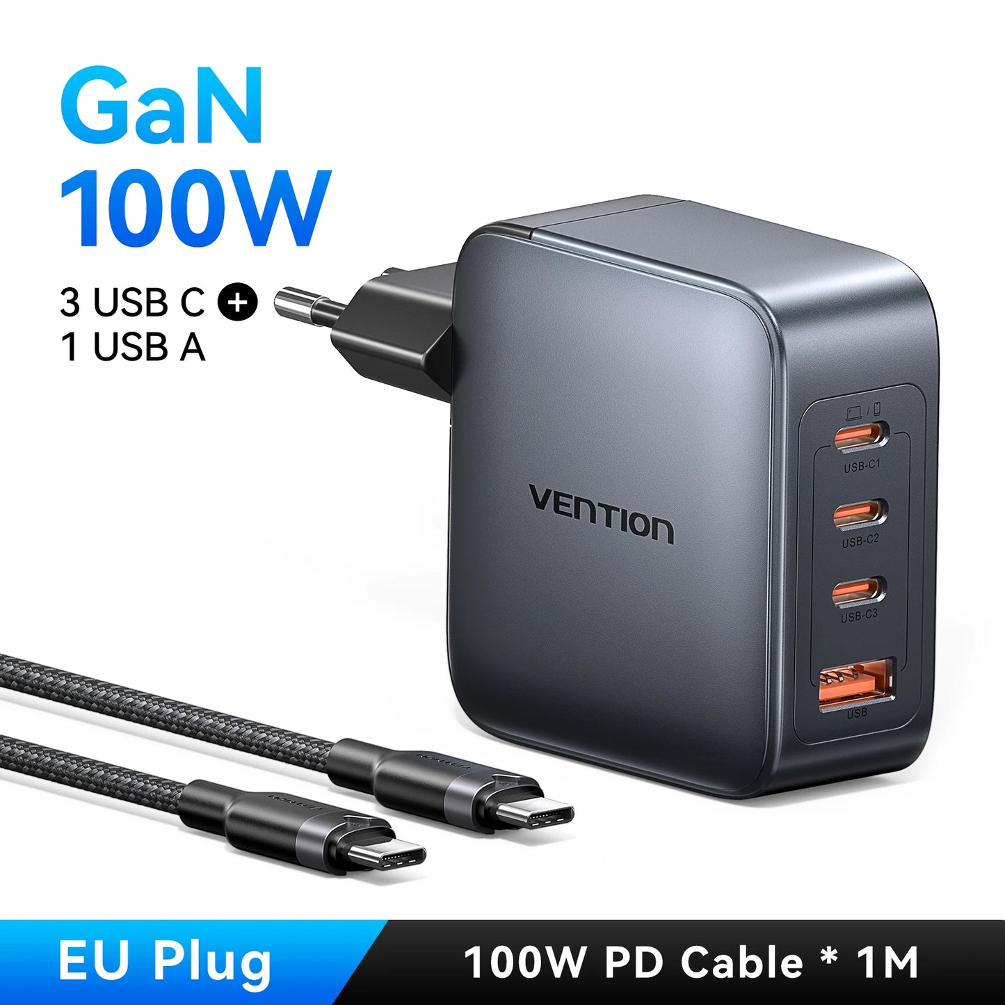Vention-cargador GaN de 100W, cargador USB C de 4 puertos, carga rápida para Macbook, portátil, tableta, PD, cargador rápido para iPhone 16 15 14 Pro