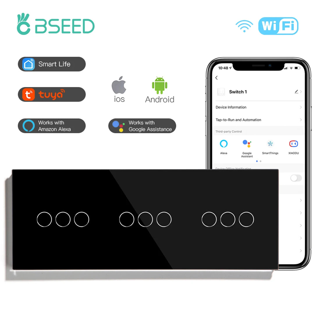 BSEED Wifi 1/2/3 interruptores de luz Sensor táctil interruptor de vidrio Tuya Smart Life Alexa Control más enchufes de la UE necesita cable neutro