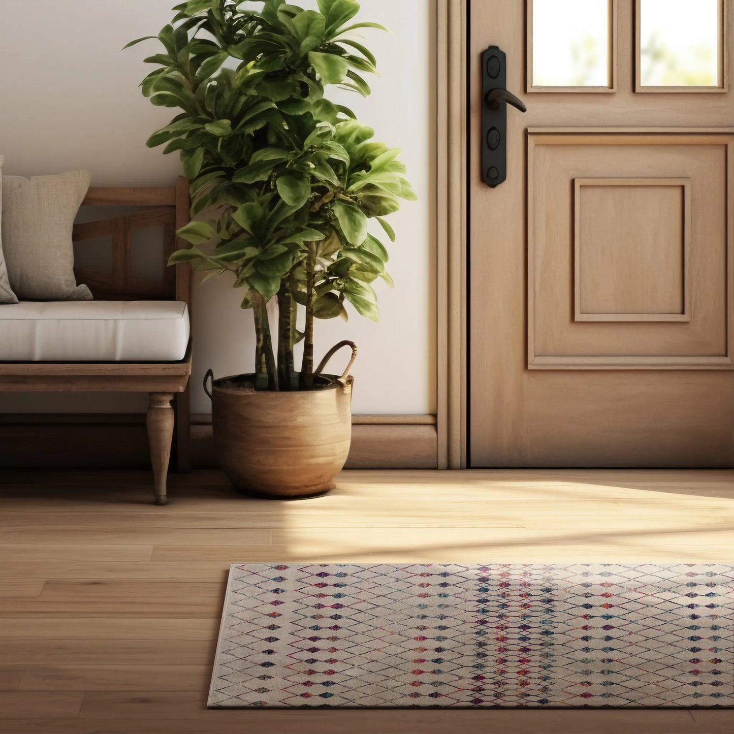 Classic Style 2' X 3' Geometric Area Rug Handmade Beige Blue Pink Striped Rectangle Pattern for Teen Entryway Living Hallway Use