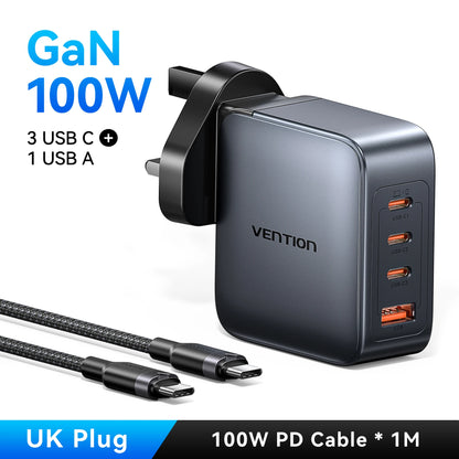 Vention-cargador GaN de 100W, cargador USB C de 4 puertos, carga rápida para Macbook, portátil, tableta, PD, cargador rápido para iPhone 16 15 14 Pro