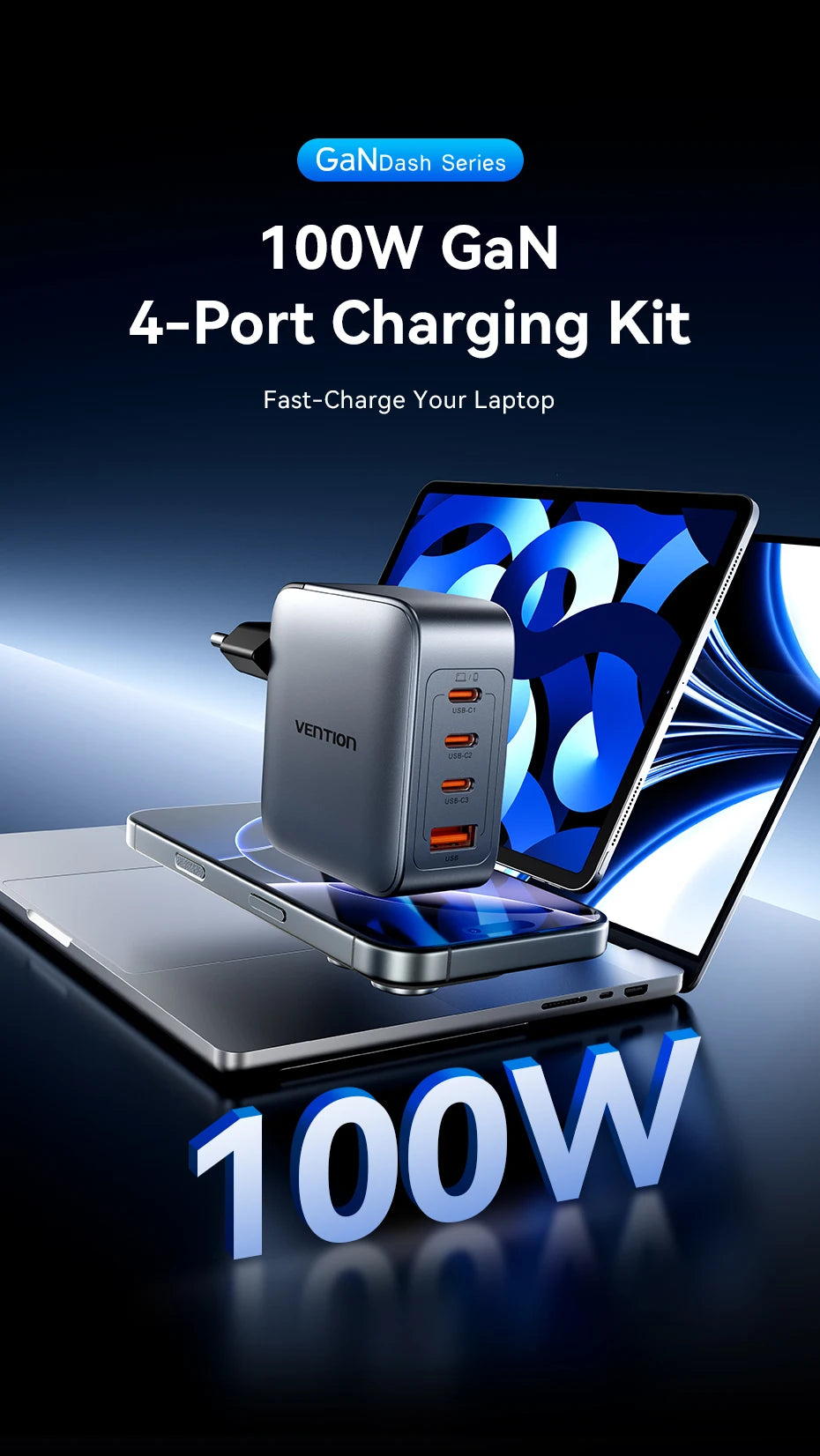 Vention-cargador GaN de 100W, cargador USB C de 4 puertos, carga rápida para Macbook, portátil, tableta, PD, cargador rápido para iPhone 16 15 14 Pro