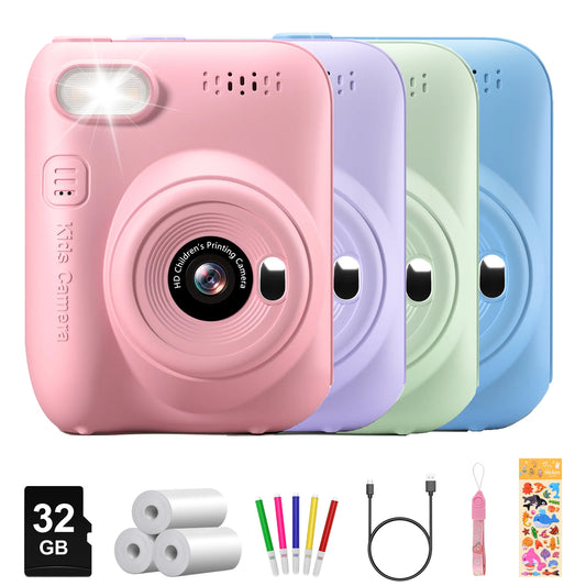 Cámara de impresión instantánea para niños, cámara para niños de 3,0 pulgadas durante 6-12 años, cámara digital HD 1080P de 32MP con 3 rollos de papel de impresora