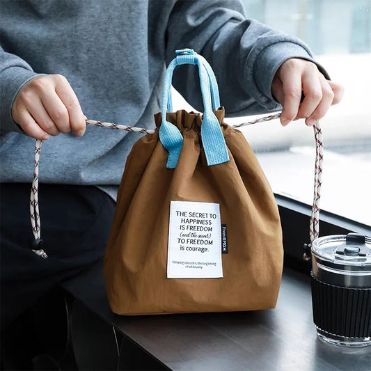 Bolsa de almuerzo impermeable de gran capacidad con cierre de cordón, bolsa Bento enfriadora de aislamiento grueso para trabajo de Picnic, bolsa con asa para estudiantes