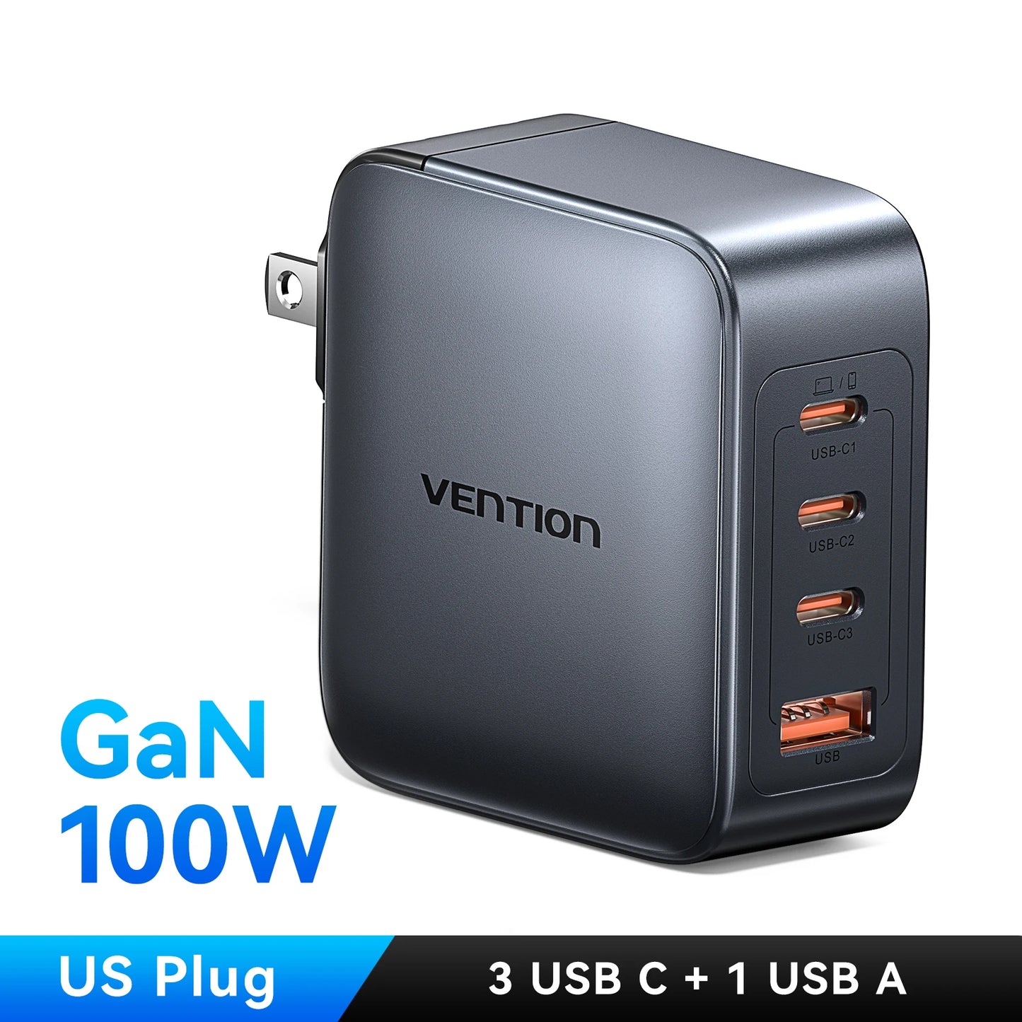 Vention-cargador GaN de 100W, cargador USB C de 4 puertos, carga rápida para Macbook, portátil, tableta, PD, cargador rápido para iPhone 16 15 14 Pro