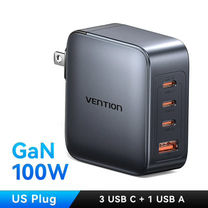 Vention-cargador GaN de 100W, cargador USB C de 4 puertos, carga rápida para Macbook, portátil, tableta, PD, cargador rápido para iPhone 16 15 14 Pro