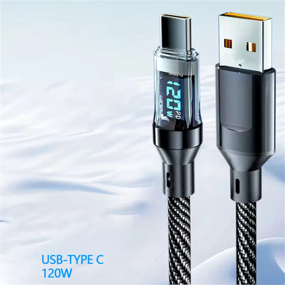 Cable USB a tipo C de 120W, Cable de carga súper rápida para teléfono, Cable de datos tipo C a tipo C de 100W con pantalla LED para Huawei Oppo Vivo ﻿