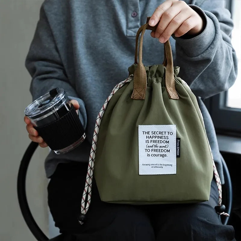 Bolsa de almuerzo impermeable de gran capacidad con cierre de cordón, bolsa Bento enfriadora de aislamiento grueso para trabajo de Picnic, bolsa con asa para estudiantes