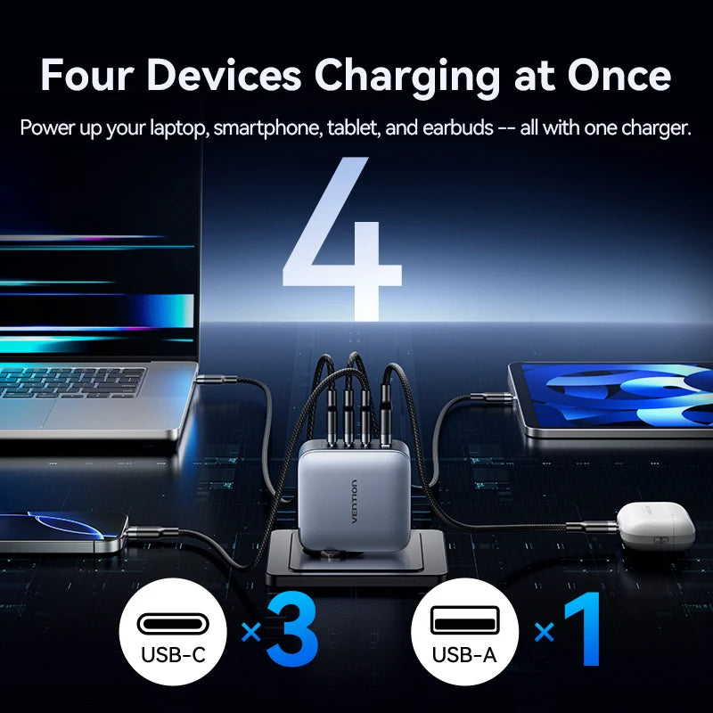 Vention-cargador GaN de 100W, cargador USB C de 4 puertos, carga rápida para Macbook, portátil, tableta, PD, cargador rápido para iPhone 16 15 14 Pro