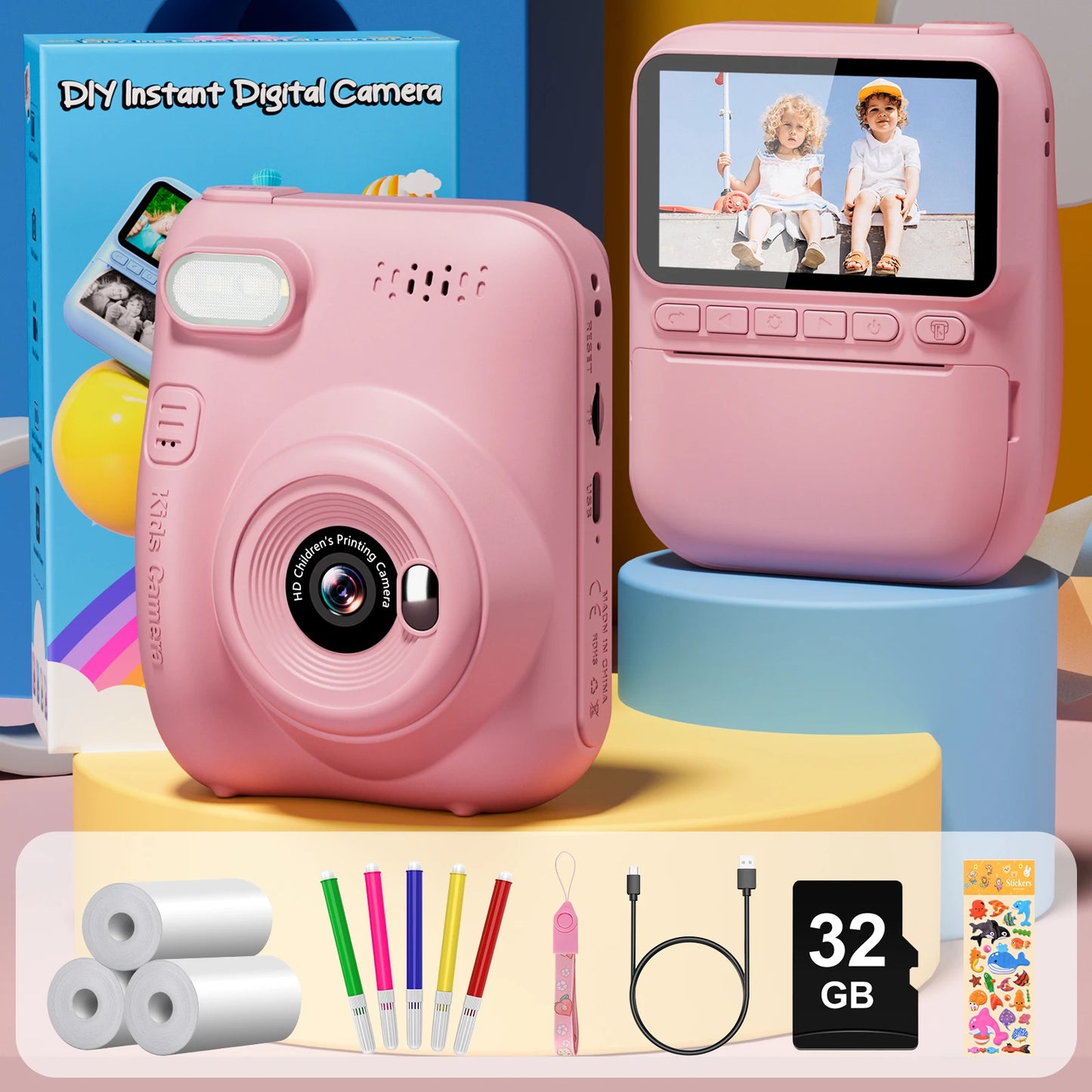 Cámara de impresión instantánea para niños, cámara para niños de 3,0 pulgadas durante 6-12 años, cámara digital HD 1080P de 32MP con 3 rollos de papel de impresora