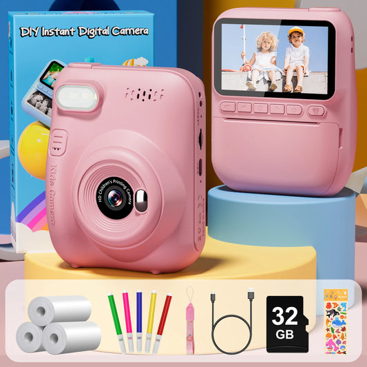 Cámara de impresión instantánea para niños, cámara para niños de 3,0 pulgadas durante 6-12 años, cámara digital HD 1080P de 32MP con 3 rollos de papel de impresora