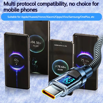 Cable USB a tipo C de 120W, Cable de carga súper rápida para teléfono, Cable de datos tipo C a tipo C de 100W con pantalla LED para Huawei Oppo Vivo ﻿