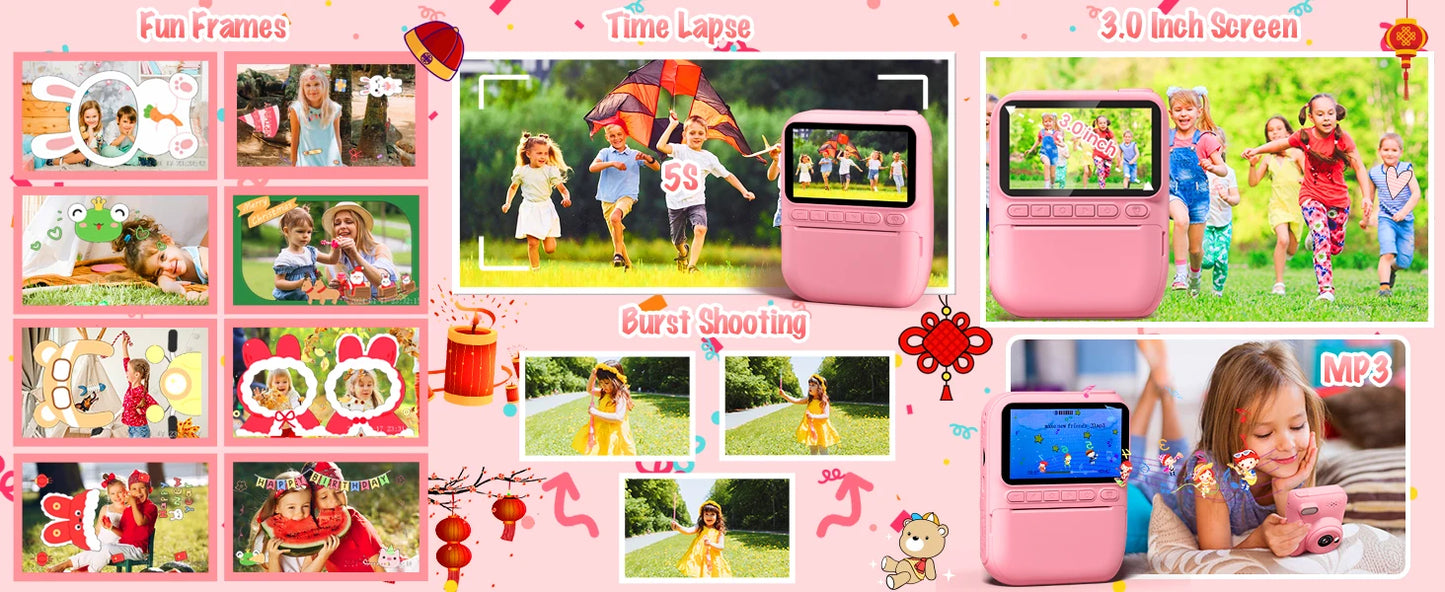 Cámara de impresión instantánea para niños, cámara para niños de 3,0 pulgadas durante 6-12 años, cámara digital HD 1080P de 32MP con 3 rollos de papel de impresora