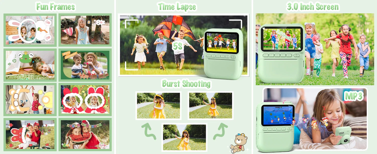 Gofunly-cámara de impresión instantánea para niños, Mini cámara Digital de 3,0 ", grabadora de vídeo portátil de 1080P, regalo para niños de 6 a 12 años