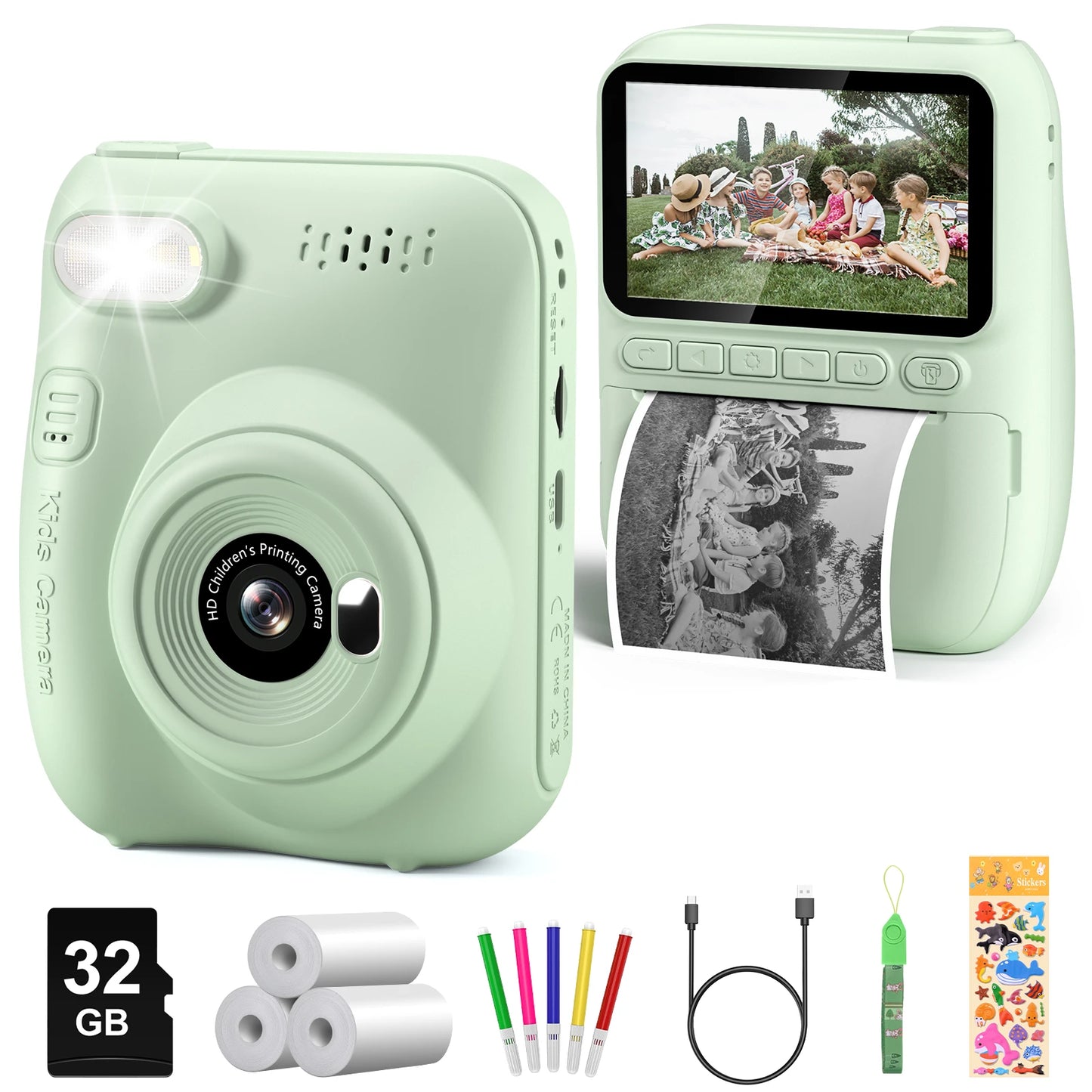 Cámara de impresión instantánea para niños, cámara para niños de 3,0 pulgadas durante 6-12 años, cámara digital HD 1080P de 32MP con 3 rollos de papel de impresora
