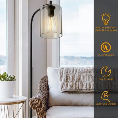 Industrial Black Floor Lamp with Glass Shade