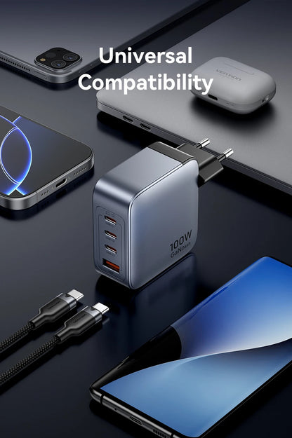 Vention-cargador GaN de 100W, cargador USB C de 4 puertos, carga rápida para Macbook, portátil, tableta, PD, cargador rápido para iPhone 16 15 14 Pro