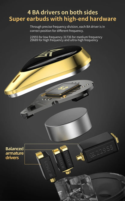 KZ SA08 PRO 4BA unidades TWS Bluetooth 5,2 auriculares inalámbricos Control táctil cancelación de ruido auriculares deportivos con estuche de carga