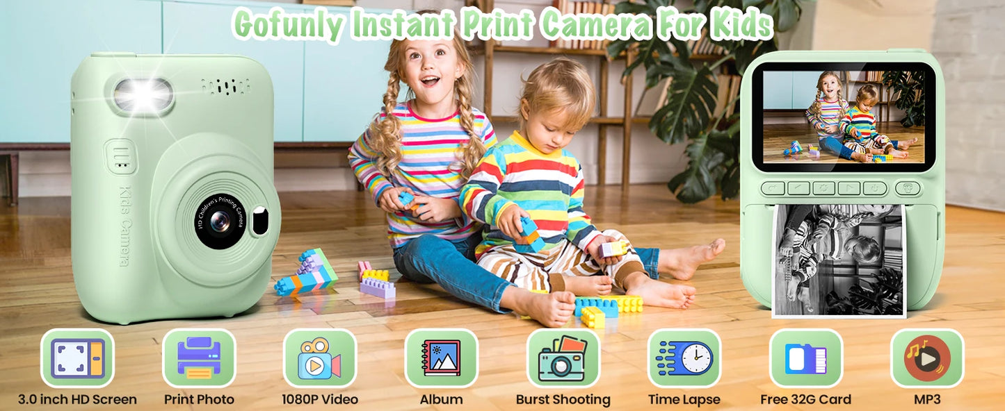 Gofunly-cámara de impresión instantánea para niños, Mini cámara Digital de 3,0 ", grabadora de vídeo portátil de 1080P, regalo para niños de 6 a 12 años