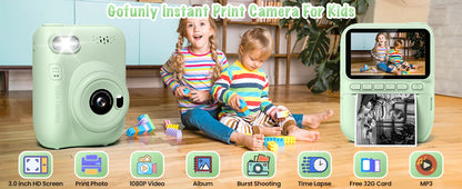 Gofunly-cámara de impresión instantánea para niños, Mini cámara Digital de 3,0 ", grabadora de vídeo portátil de 1080P, regalo para niños de 6 a 12 años