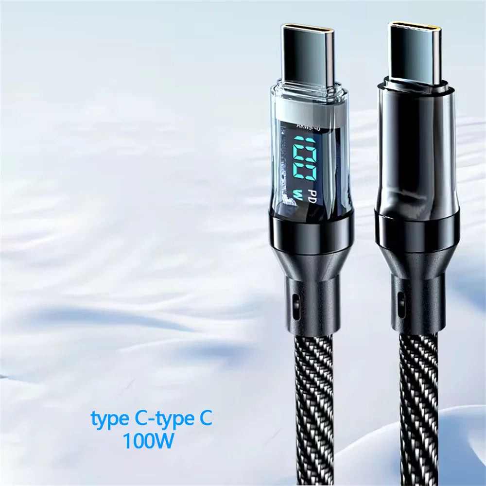 Cable USB a tipo C de 120W, Cable de carga súper rápida para teléfono, Cable de datos tipo C a tipo C de 100W con pantalla LED para Huawei Oppo Vivo ﻿