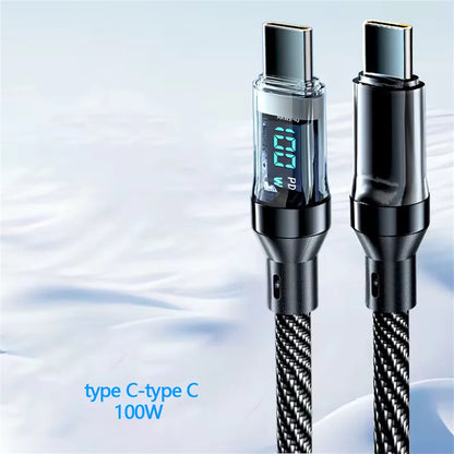Cable USB a tipo C de 120W, Cable de carga súper rápida para teléfono, Cable de datos tipo C a tipo C de 100W con pantalla LED para Huawei Oppo Vivo ﻿