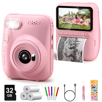 Cámara de impresión instantánea para niños, cámara para niños de 3,0 pulgadas durante 6-12 años, cámara digital HD 1080P de 32MP con 3 rollos de papel de impresora