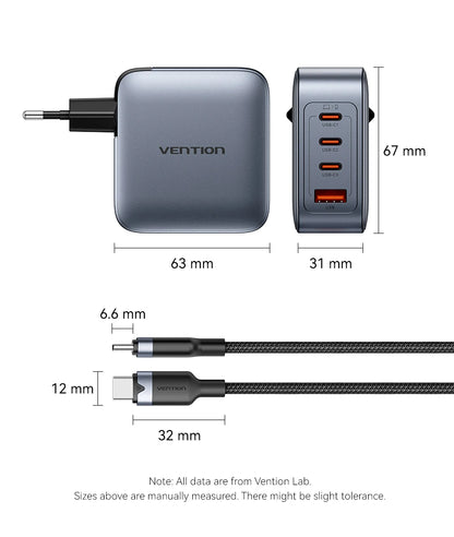 Vention-cargador GaN de 100W, cargador USB C de 4 puertos, carga rápida para Macbook, portátil, tableta, PD, cargador rápido para iPhone 16 15 14 Pro