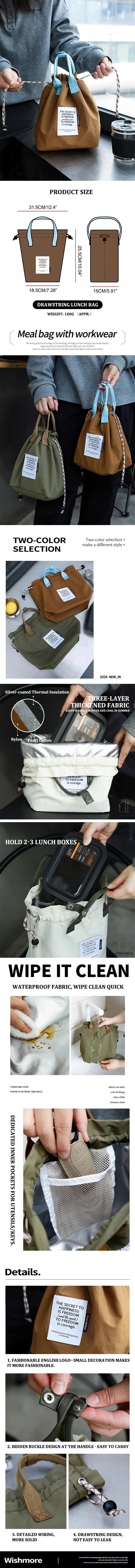 Bolsa de almuerzo impermeable de gran capacidad con cierre de cordón, bolsa Bento enfriadora de aislamiento grueso para trabajo de Picnic, bolsa con asa para estudiantes