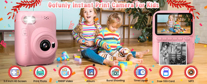 Cámara de impresión instantánea para niños, cámara para niños de 3,0 pulgadas durante 6-12 años, cámara digital HD 1080P de 32MP con 3 rollos de papel de impresora