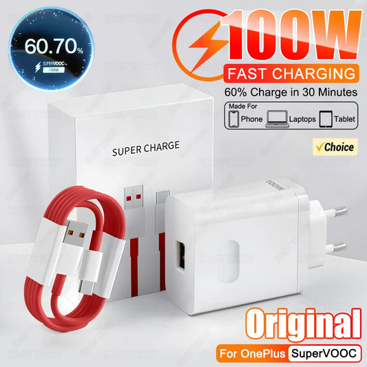 100W Supervooc cargador rápido Cargador de carga rápida Adaptador de teléfono de pared para OnePlus 13R 12R 12 13 11 10 ACE 5 PRO Cable de cargador USB Tipo C