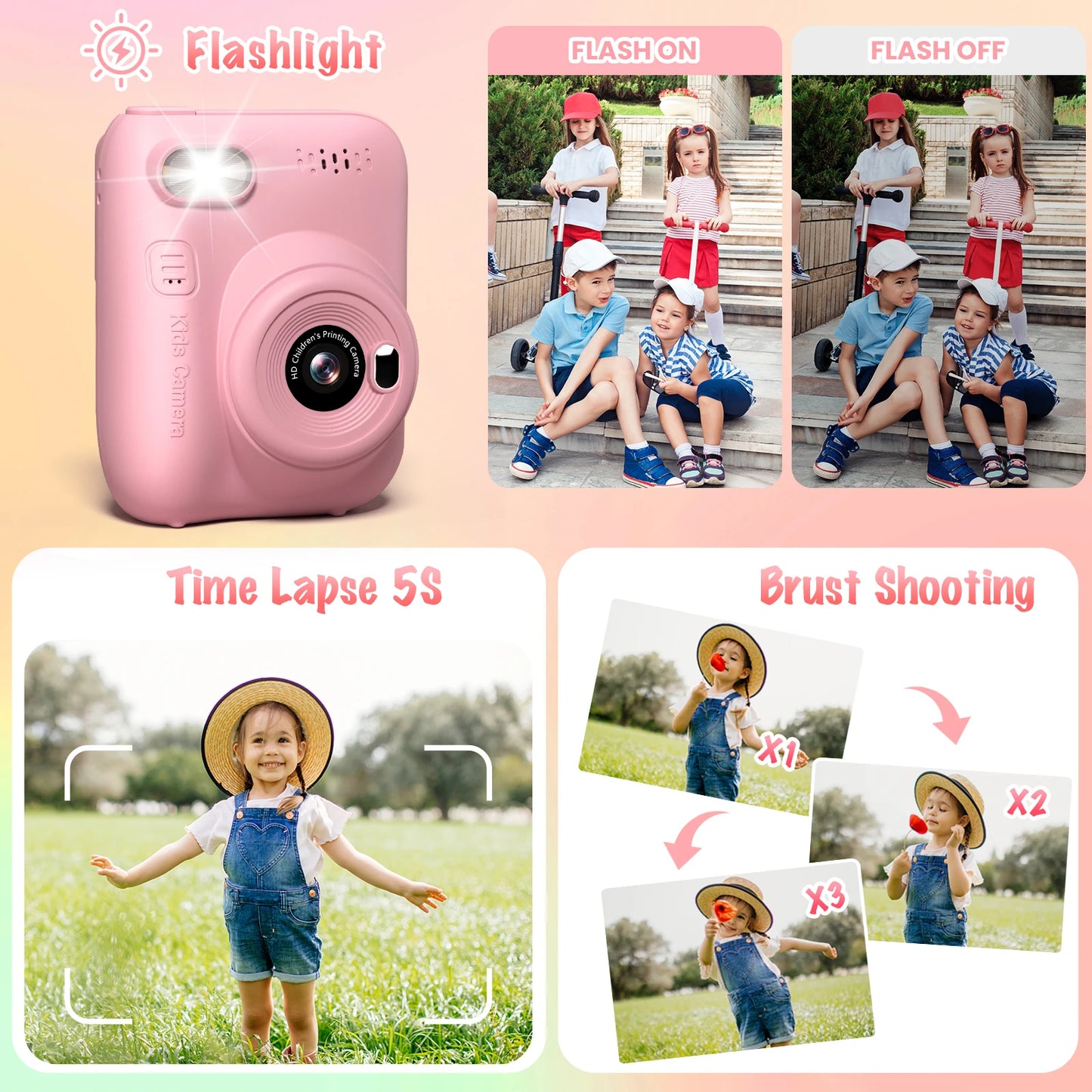 Cámara de impresión instantánea para niños, cámara para niños de 3,0 pulgadas durante 6-12 años, cámara digital HD 1080P de 32MP con 3 rollos de papel de impresora
