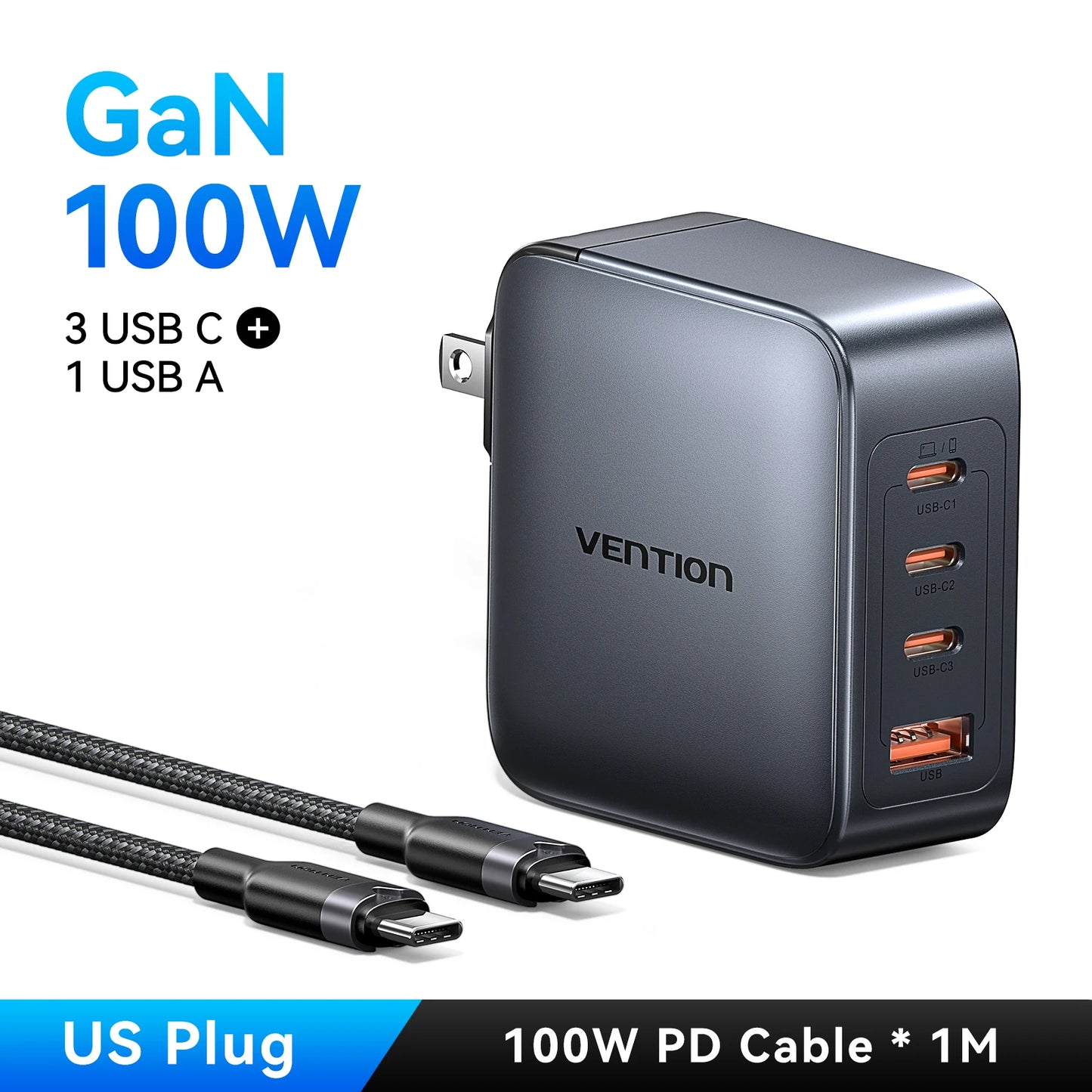 Vention-cargador GaN de 100W, cargador USB C de 4 puertos, carga rápida para Macbook, portátil, tableta, PD, cargador rápido para iPhone 16 15 14 Pro