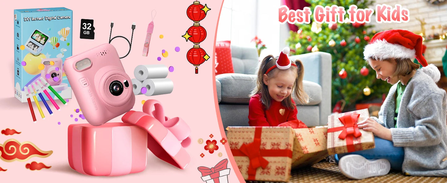 Cámara de impresión instantánea para niños, cámara para niños de 3,0 pulgadas durante 6-12 años, cámara digital HD 1080P de 32MP con 3 rollos de papel de impresora