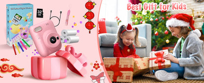 Cámara de impresión instantánea para niños, cámara para niños de 3,0 pulgadas durante 6-12 años, cámara digital HD 1080P de 32MP con 3 rollos de papel de impresora