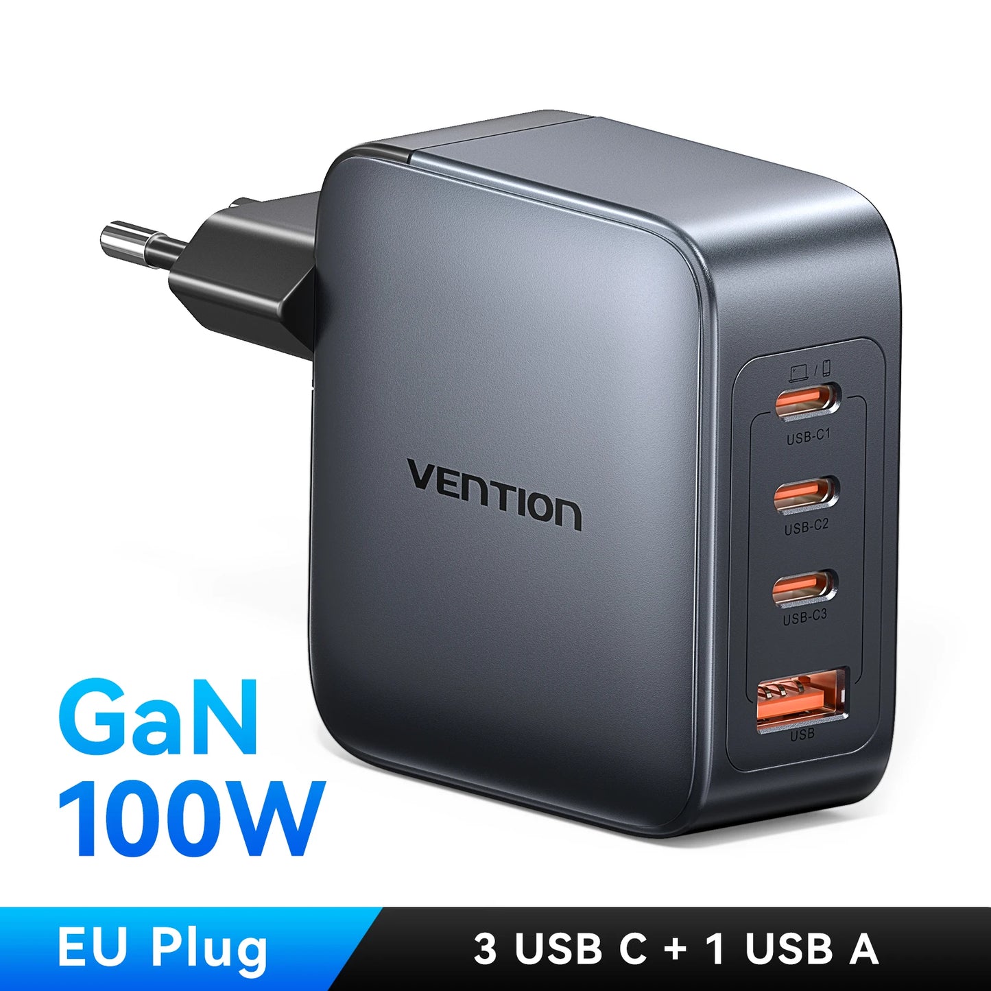 Vention-cargador GaN de 100W, cargador USB C de 4 puertos, carga rápida para Macbook, portátil, tableta, PD, cargador rápido para iPhone 16 15 14 Pro
