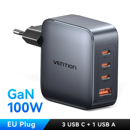 Vention-cargador GaN de 100W, cargador USB C de 4 puertos, carga rápida para Macbook, portátil, tableta, PD, cargador rápido para iPhone 16 15 14 Pro