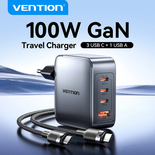 Vention-cargador GaN de 100W, cargador USB C de 4 puertos, carga rápida para Macbook, portátil, tableta, PD, cargador rápido para iPhone 16 15 14 Pro