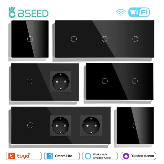BSEED Wifi 1/2/3 interruptores de luz Sensor táctil interruptor de vidrio Tuya Smart Life Alexa Control más enchufes de la UE necesita cable neutro