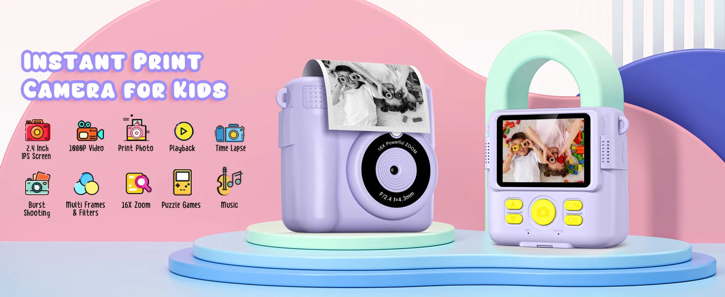 Cámara digital para niños 1080P HD cámara de impresión instantánea cámara portátil de juguete con tarjeta de 32GB regalo para niños niñas 3-12