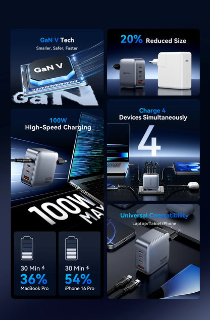 Vention-cargador GaN de 100W, cargador USB C de 4 puertos, carga rápida para Macbook, portátil, tableta, PD, cargador rápido para iPhone 16 15 14 Pro